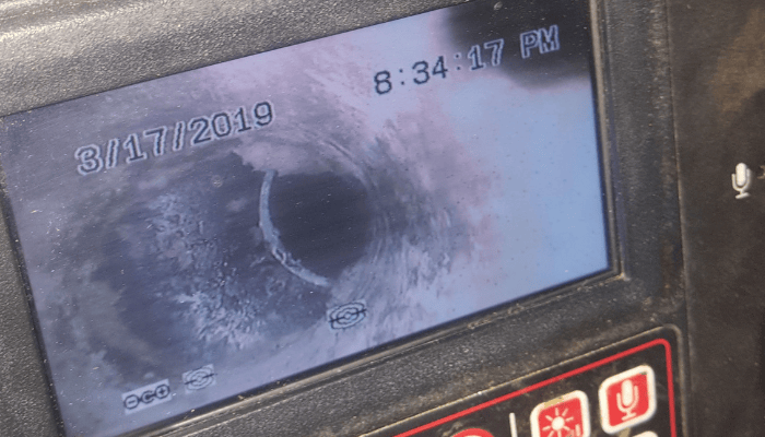 Sewer line camera inspection in Marietta, GA showing interior pipe condition and potential damage.