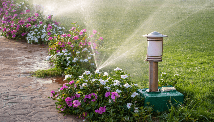 Sprinkler watering a lush green lawn and colorful flower bed in a Georgia yard